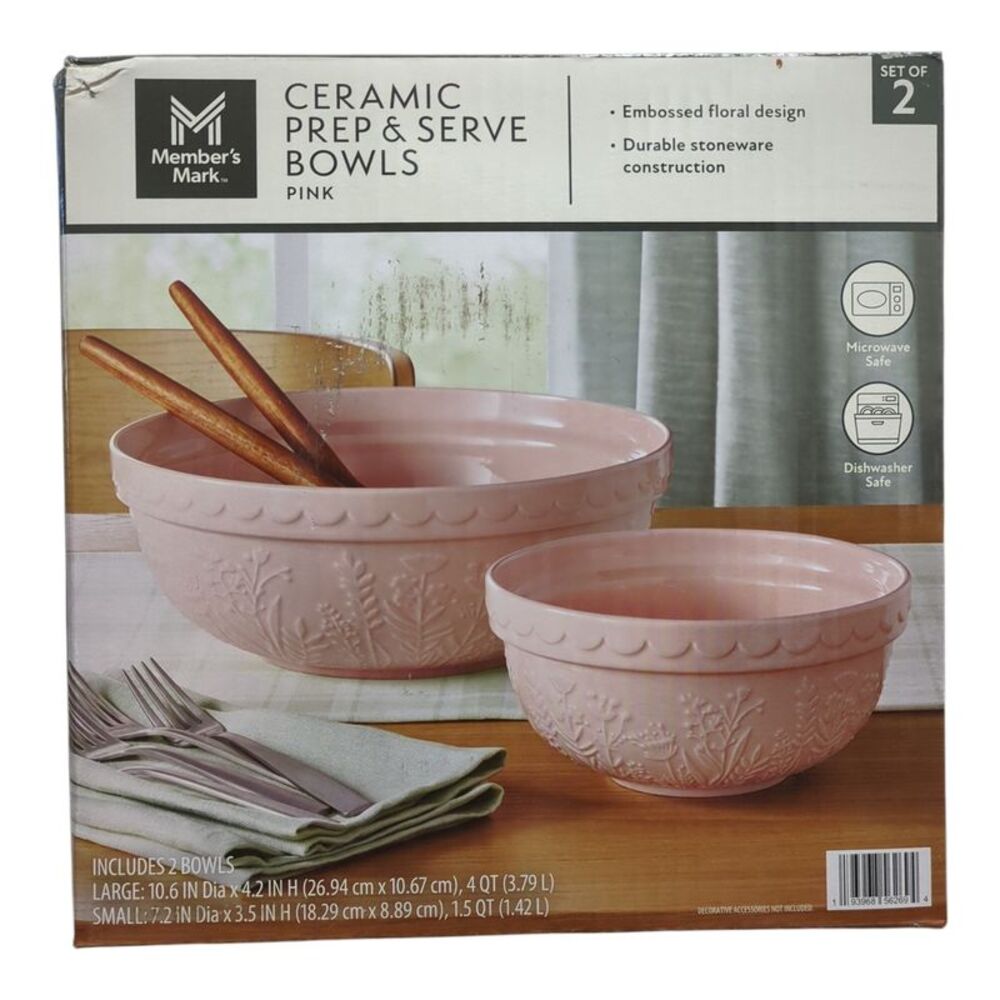 Member's Mark 2-Piece Floral Ceramic Prep and Serve Bowls - Pink